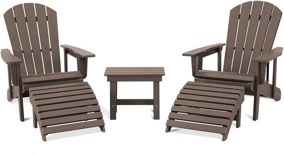SERWALL 5-Piece Adirondack Chair and Ottoman and Table Set, Weather Resistant Adjustable Backrest Adirondack Chairs with Ottomans and End Table, Polystyrene All-Weather Adriondack Chairs,Brown