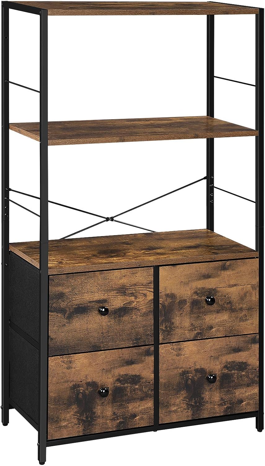 SONGMICS Rustic Storage Cabinet, Storage Rack with Shelves and Fabric Drawers, Industrial Bookshelf in Living Room, Study, Bedroom, Multifunctional, Rustic Brown and Black ULGS044B02
