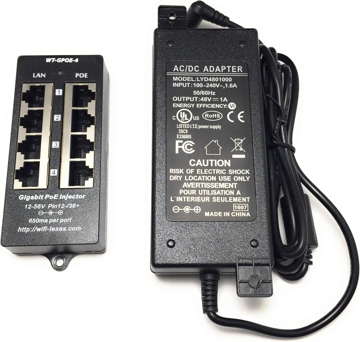 PoE Texas - 4 Port Gigabit Passive PoE Injector with 48V 48W UL Power Supply for 802.3af Devices Like VoIP Phones, WiFi Access Points, IP Cameras and More Pack of 2