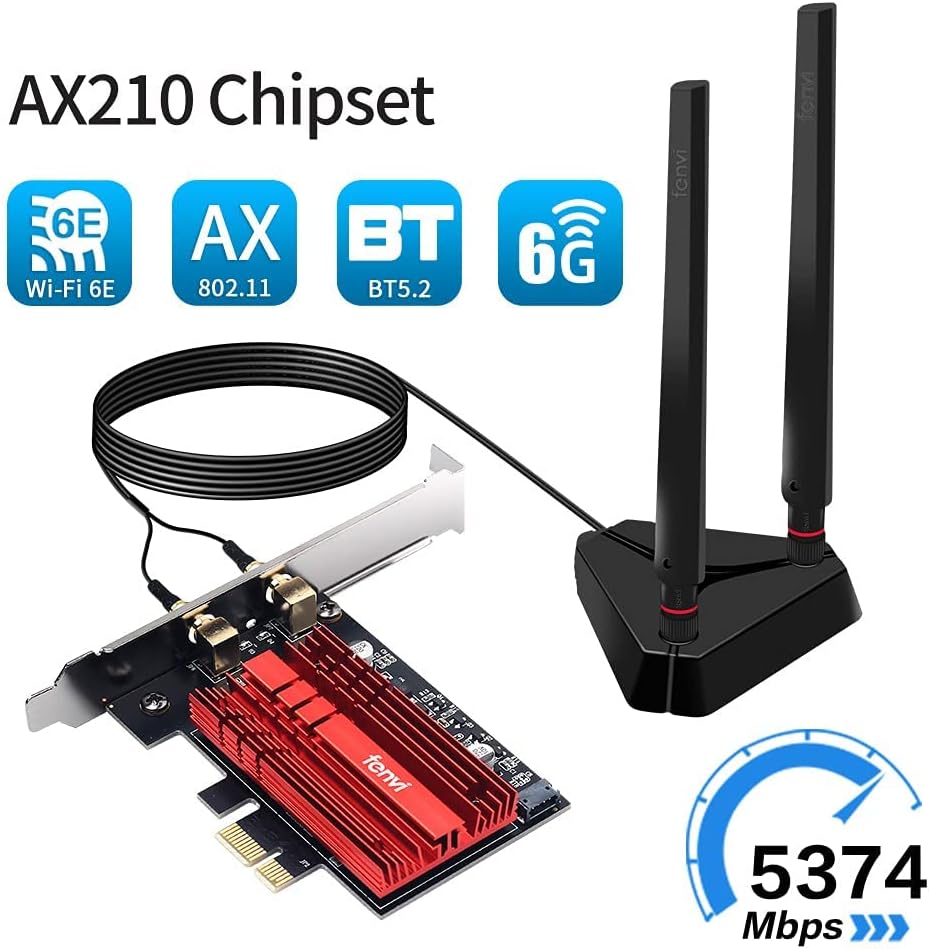 Fenvi AXE3000Pro WiFi 6E AX210 PCI-E WiFi Card Tri-Band Wireless Gigabit BT5.2 802.11ax 2.4Ghz 5Ghz 6Ghz MU-MIMO 160MHZ Desktop PC PCIe Network Adapter for Windows 10 with 1.2m SMA high gain Antenna Pack of 2