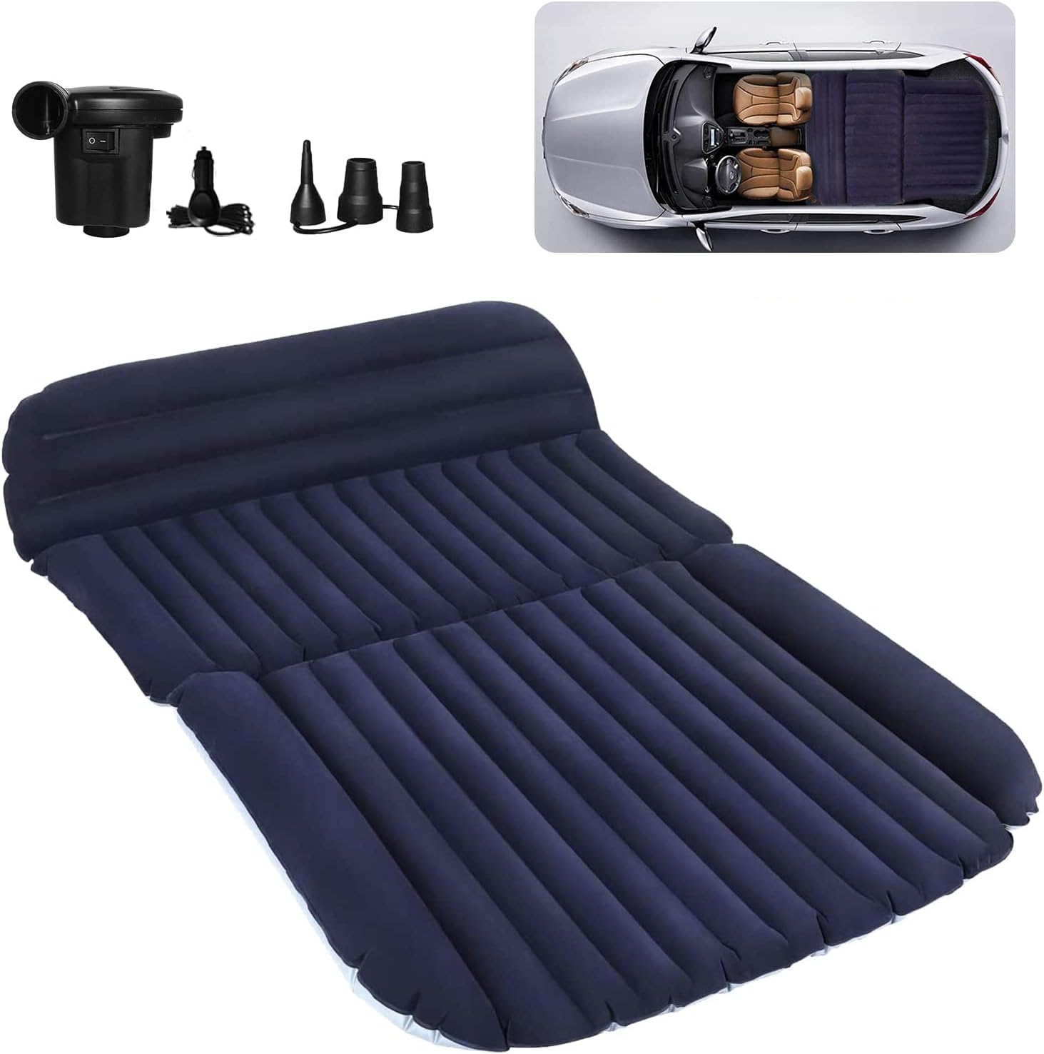 QDH SUV Air Mattress-Thickened Car Bed Back Seat Mattress-Portable Car Mattress for Vehicle Cushion Air Bed Inflatable Mattress with Air-Pump-Camping Blow Up Mattress for car (Blue and Black)