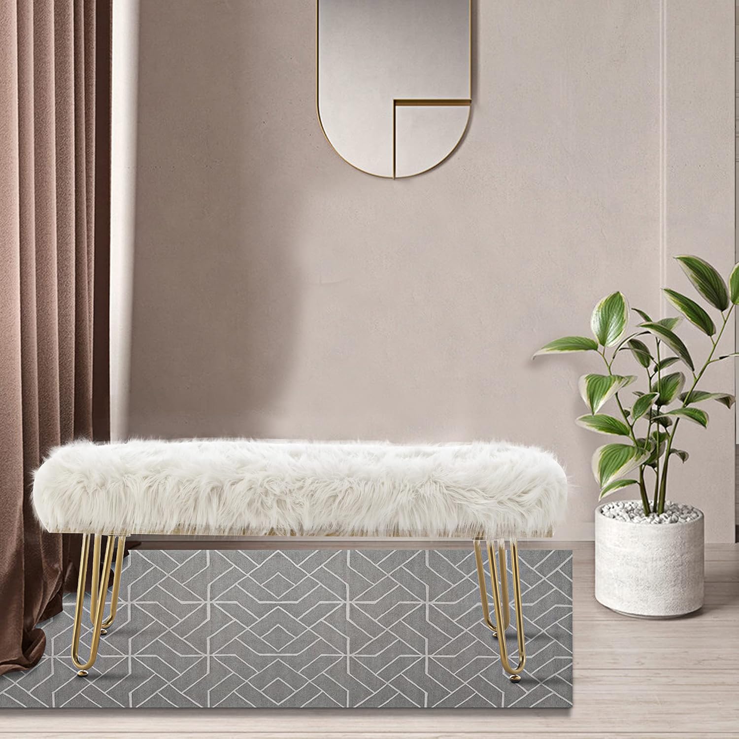 AKLAUS Modern Contemporary White Faux Fur Long Bench Ottoman Foot Rest Stool/Seat with Acrylic Legs, Nailhead Trim