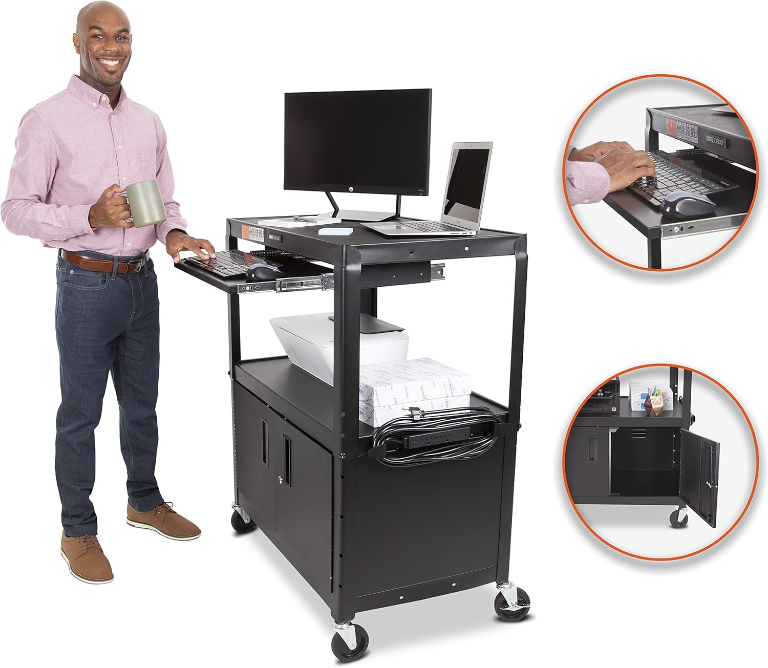 Line Leader Extra Wide AV Cart with Locking Cabinet | Height Adjustable Utility Cart | Includes Pullout Keyboard Tray and Cord Management | Easy to Assemble! (42 x 32 x 20 / Black)