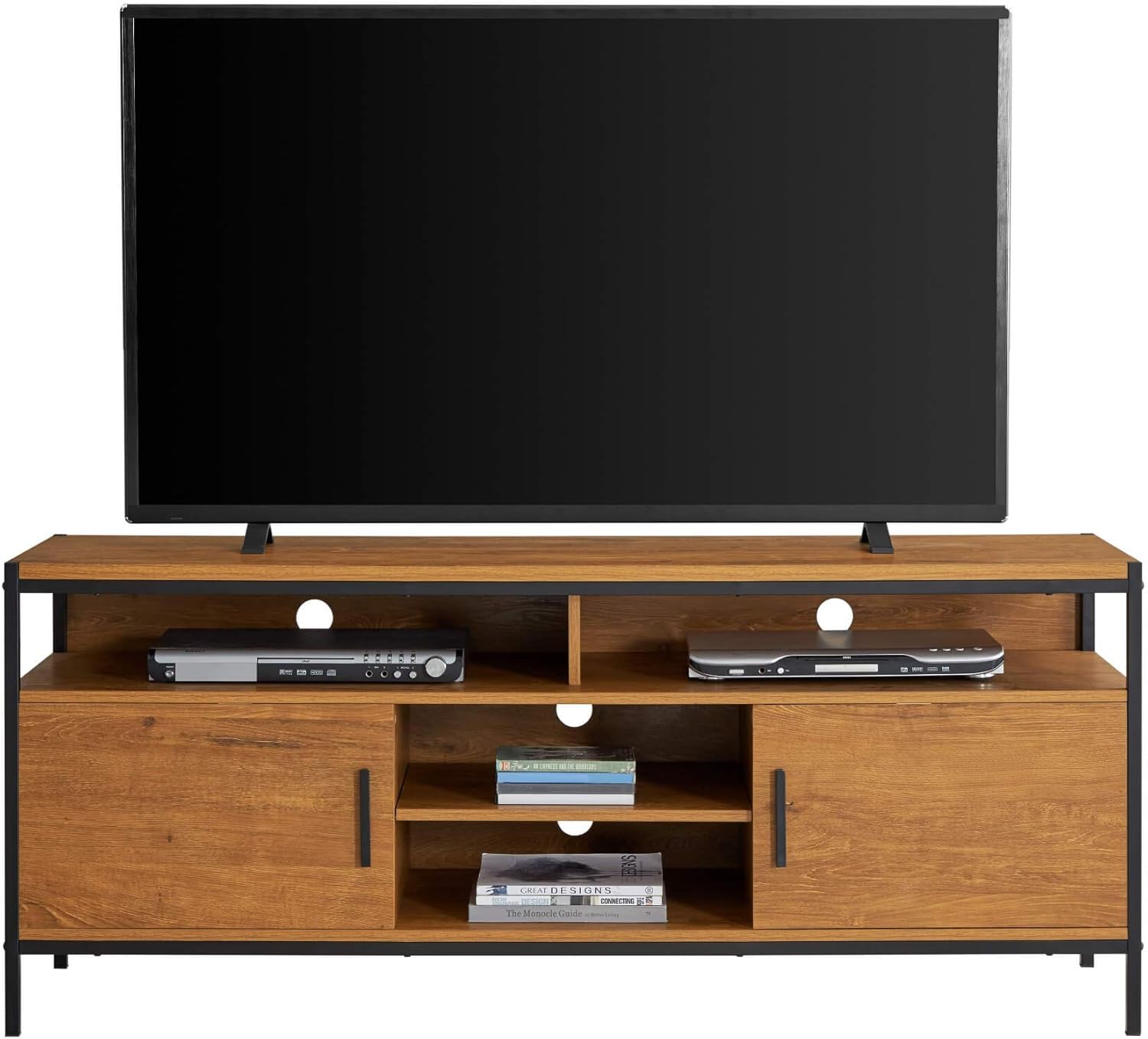 Wide Entertainment Center TV Media Stand by CAFFOZ Furniture Designs | with Two Doors and Storage Shelves | Sturdy | Easy Assembly | Brown Oak Wood Look Accent Furniture with Metal Frame