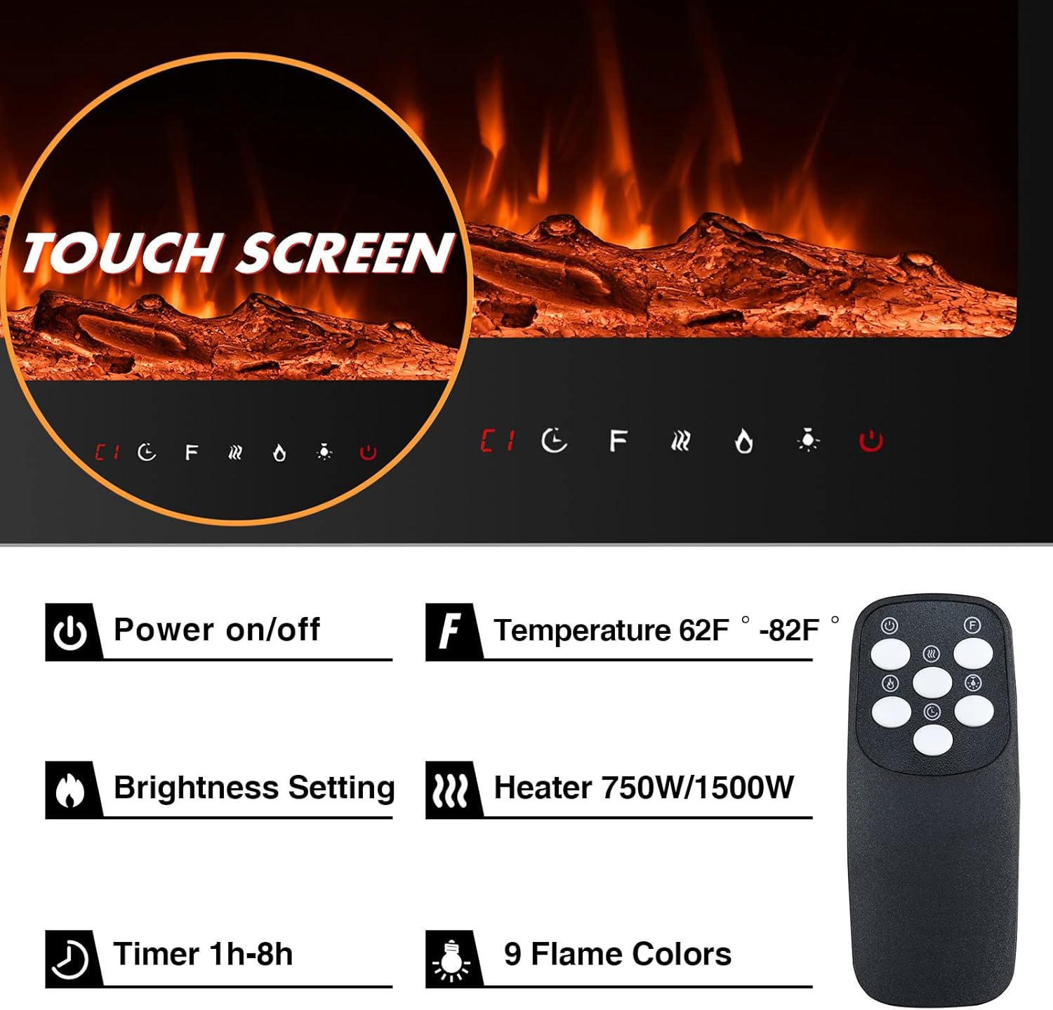 Homajor 60 inch Electric Fireplace Inserts, Electric Fireplace Wall Mounted, Led Fireplace, Recessed Fireplace, 9 Flame Colors, Remote Control w/Timer