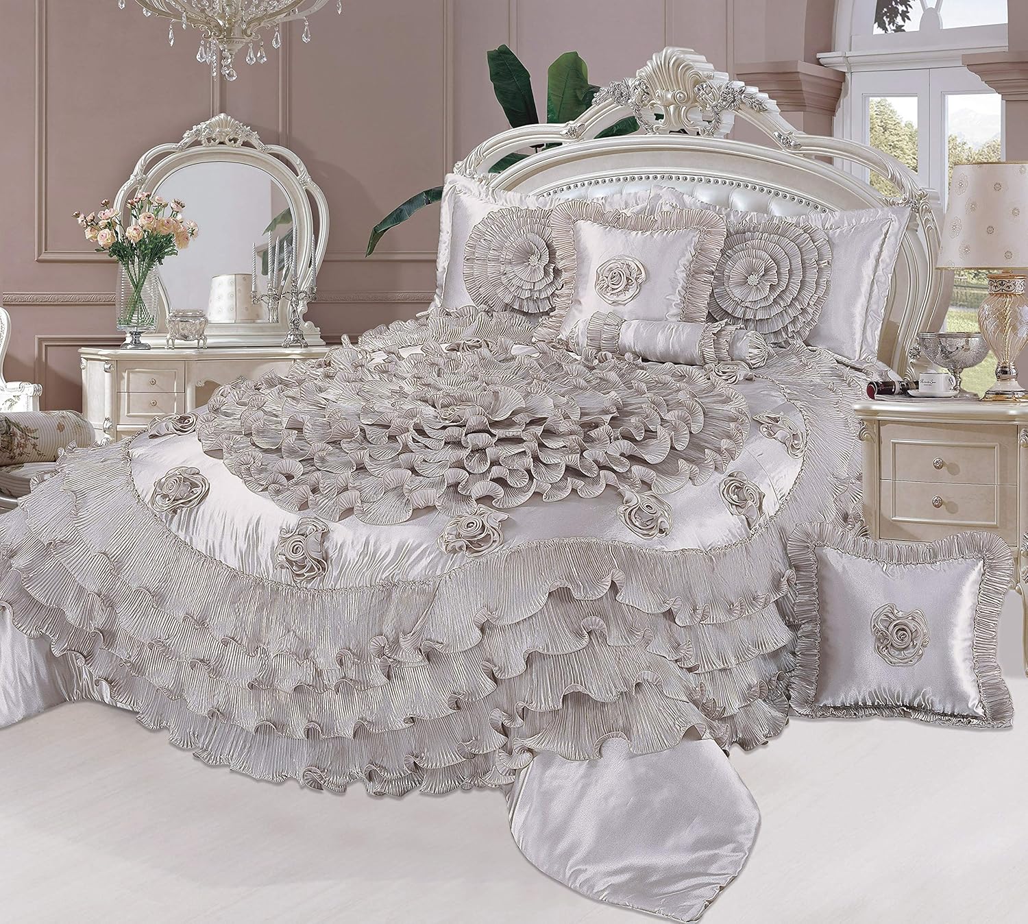 Tache Satin Ruffle Floral Elegant Champagne Beige Frosted Fields Victorian Royal 6pc Comforter Bedding Set, California King