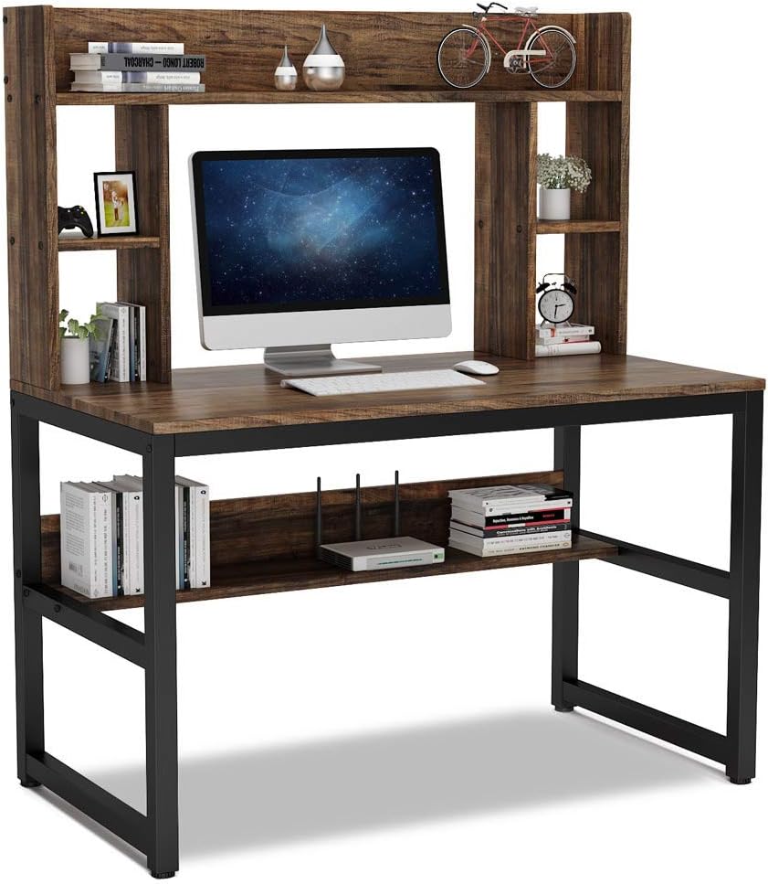 Computer Desk with Hutch, 47 Inch Modern Writing Desk with Storage Shelves, Office Desk Study Table Gaming Desk Workstation for Home Office, Vintage + Black Legs