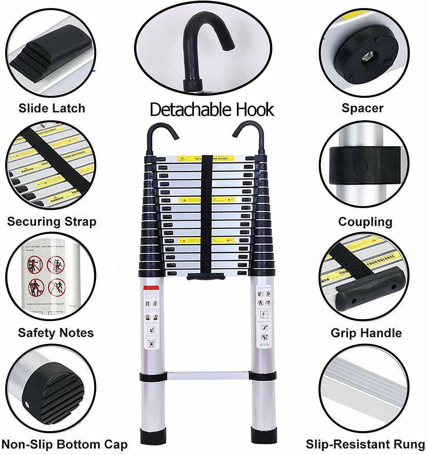 20.34 FT Aluminum Telescoping Ladder with Detachable Hook Extension Ladder Extendable Step Climb Button Retraction Telescopic Compact Ladders for Home Garage Kitchen Clean 330 Pound Capacity
