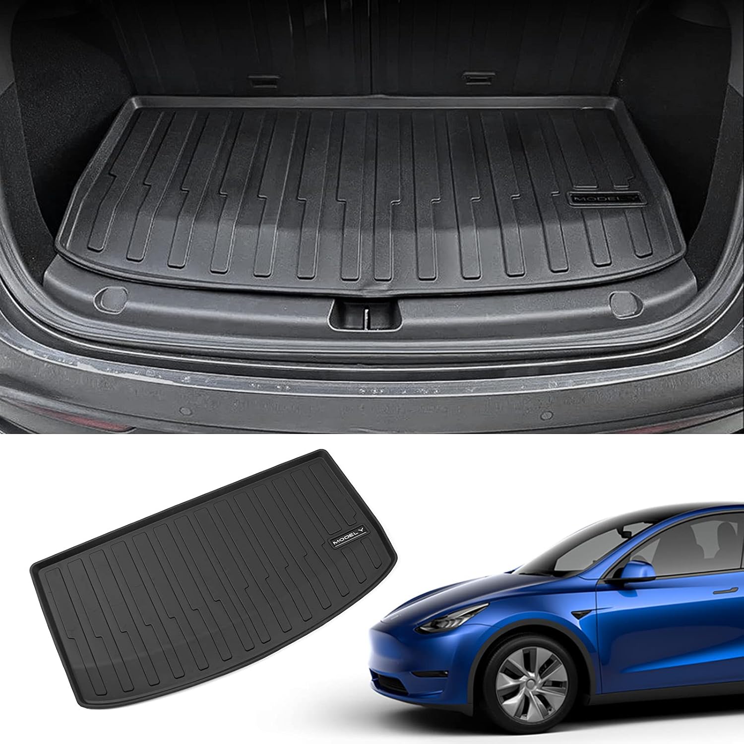 Bomely Fit Tesla Model Y Trunk Mat TPE Cargo Mat Rubber Mat All Weather Cargo Liner for Tesla Model Y Accessories(Car Trunk Mat) Pack of 2