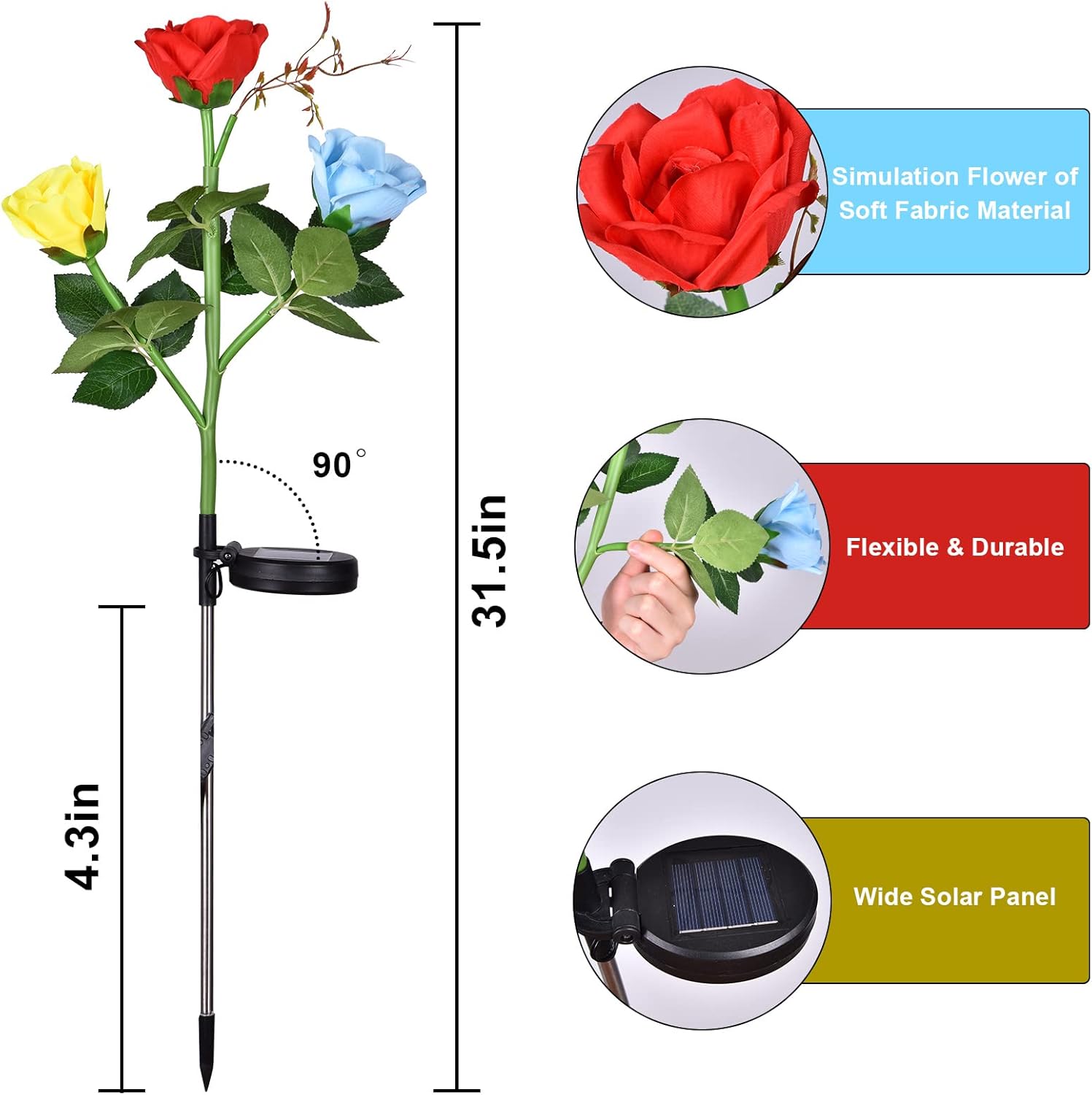 Solar Rose Lights Solar Garden Lights with 3 Roses Solar Lights Outdoor Waterproof for Garden Patio Yard Pathway Walkway Decor(2 Pack Multicolor )