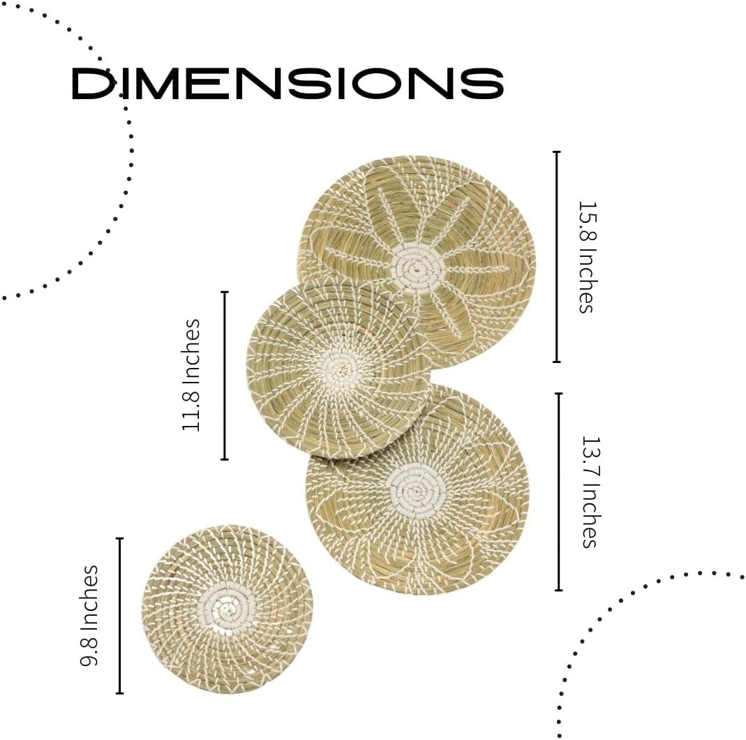 Ambyguous Wicker Wall Baskets Hanging Decor Set of 4, Handmade Decorative Boho Wicker Baskets, Round Flat Seagrass Baskets for Living Room, Bedroom, Office and Home Decorations with Hanging Hooks Pack of 2