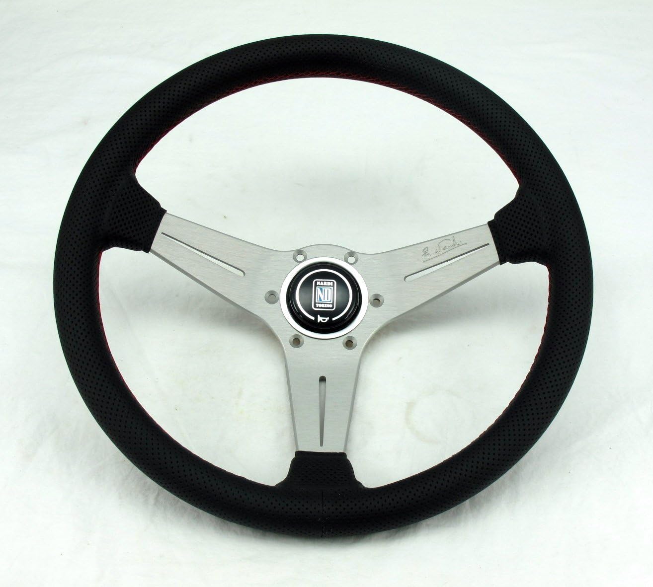 Nardi Steering Wheel - Deep Corn - 350mm (13.78 inches) - Black Perforated Leather with Red Stitching - White Anodized Spokes - Classic Horn Button - Part # 6069.35.1093