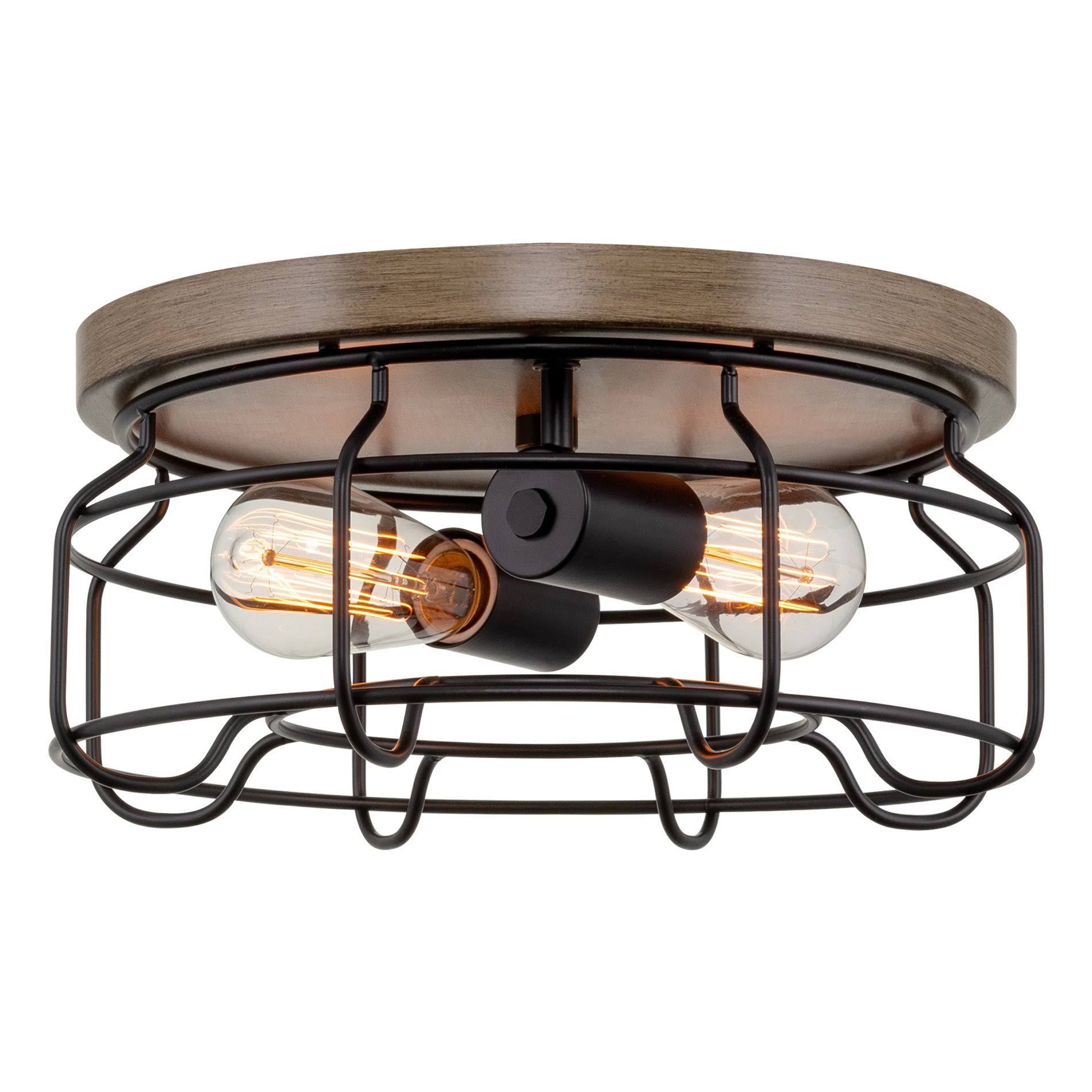 Kira Home Alder 12x22 2-Light Industrial Farmhouse Flush Mount, Cage Ceiling Light, Smoked Birch Wood Style + Black Finish