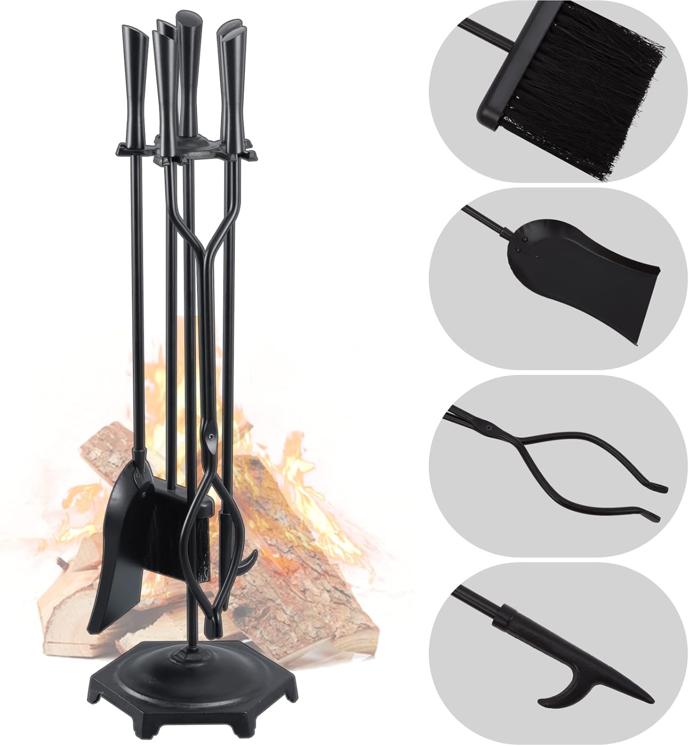 FEED GARDEN 5 pcs Fireplace Tools Set,Modern Outdoor Wrought Iron Fireplace Accessries Set with Poker, Tong, Shovel, Brush, Base, Black