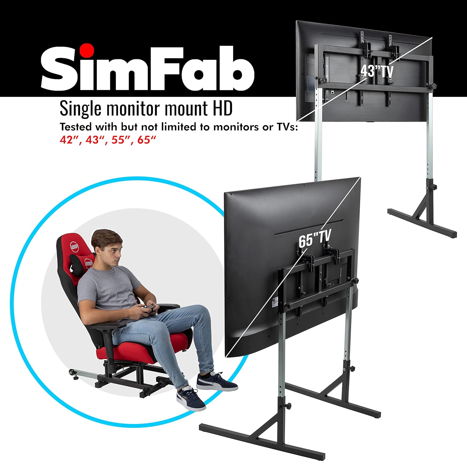 SimFab Single Monitor and TV Floor Stand for Racing and Flight Simulators Model HD | Over 100x100mm VESA Mount or M6/M8 Hardware (Single Monitor or TV Stand, Heavy Duty Mount Bracket)