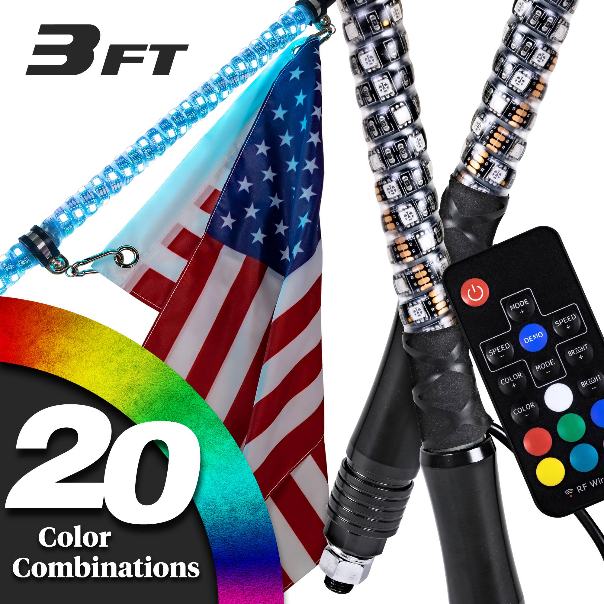 2pc 3ft Spiral LED Whip Lights w/Flag [21 Modes] [20 Colors] [Wireless Remote] [Weatherproof] Lighted Antenna Whips - Accessorie