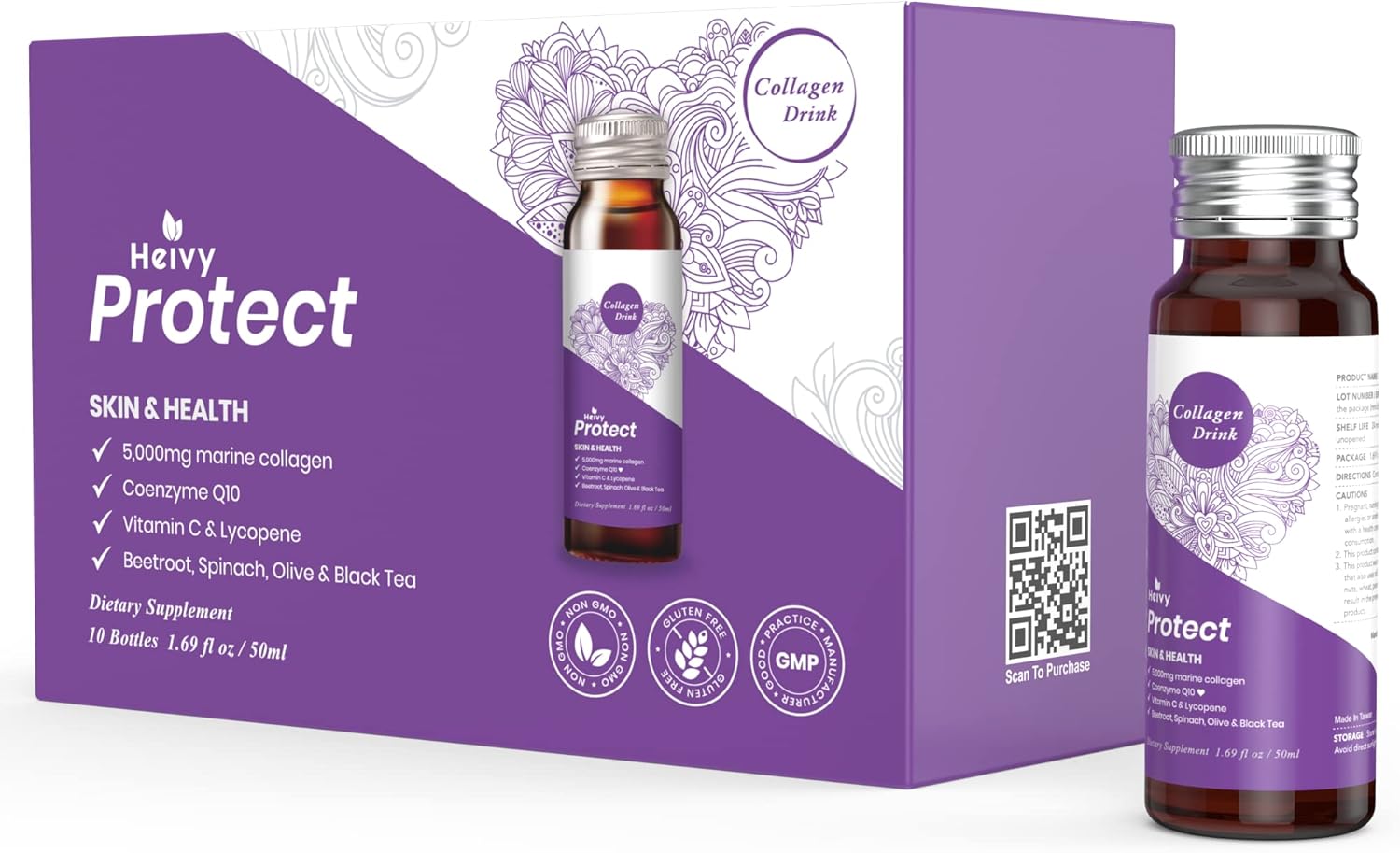 Heivy Liquid Collagen Supplement, Collagen Drink, Collagen Peptides, Skin & Health Collagen, Hydrolyzed Collagen, with CoQ10, 1.69 fl.oz./Bottle. (1 Box,10 Bottlels) Pack of 2