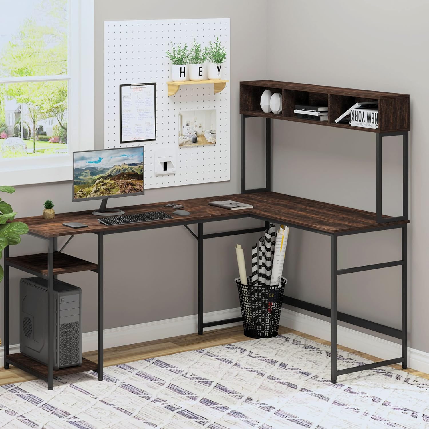 HOMCOM L-Shaped Home Office Desk with Large Tabletop Workspace, Bottom Tower Shelf, and 3 Cube Shelves, Walnut Brown