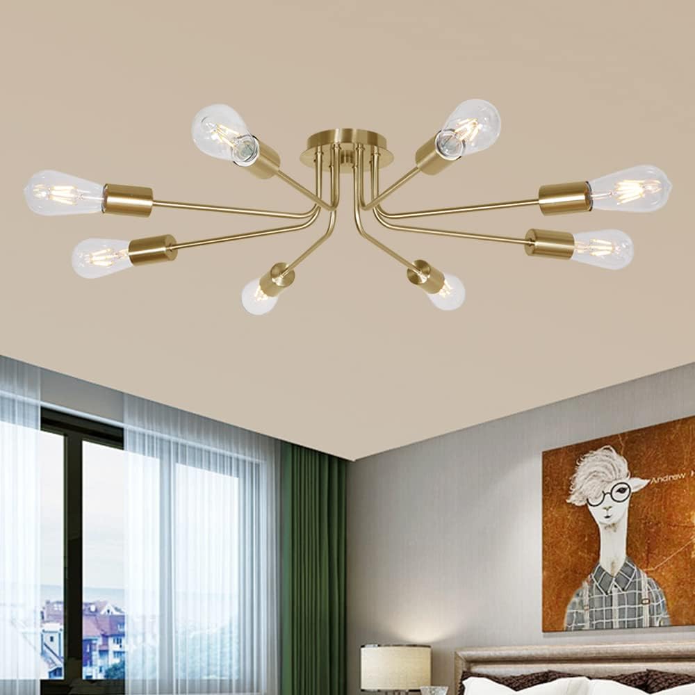 TULUCE Vintage 8 Light Ceiling Light Industrial Metal Black Sputnik Semi Flush Mount Light for Dining Room Living Room Kitchen