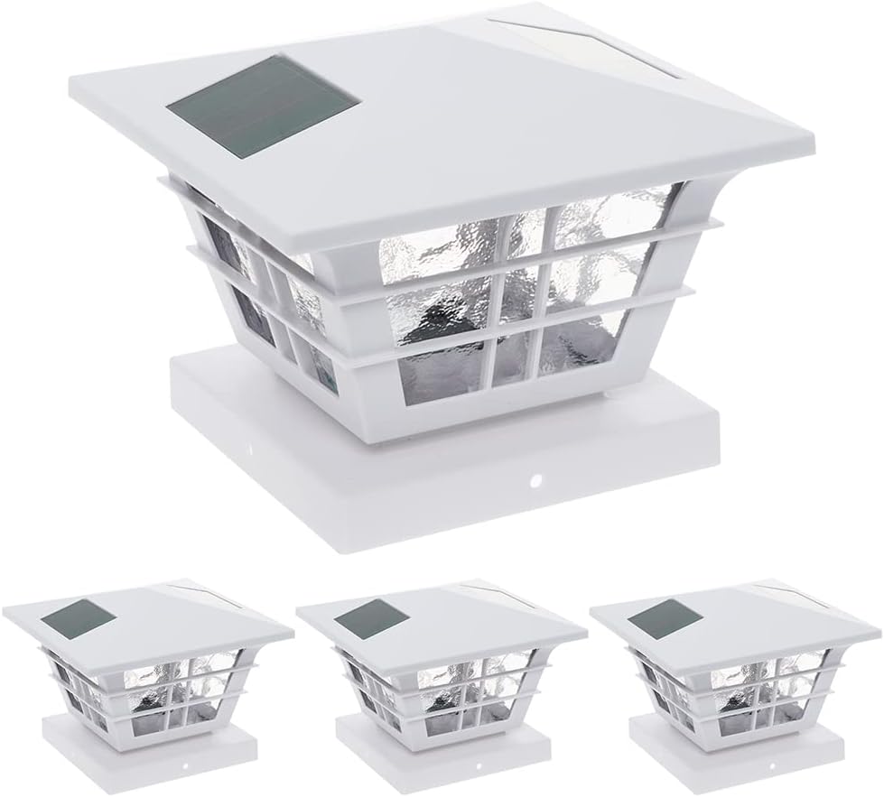 GreenLighting 4 Pack Cape Cod 5x5 Solar Powered Post Cap Light with 4x4 Base Adapter, Fits 5 inch and 4 inch PVC Posts (White)