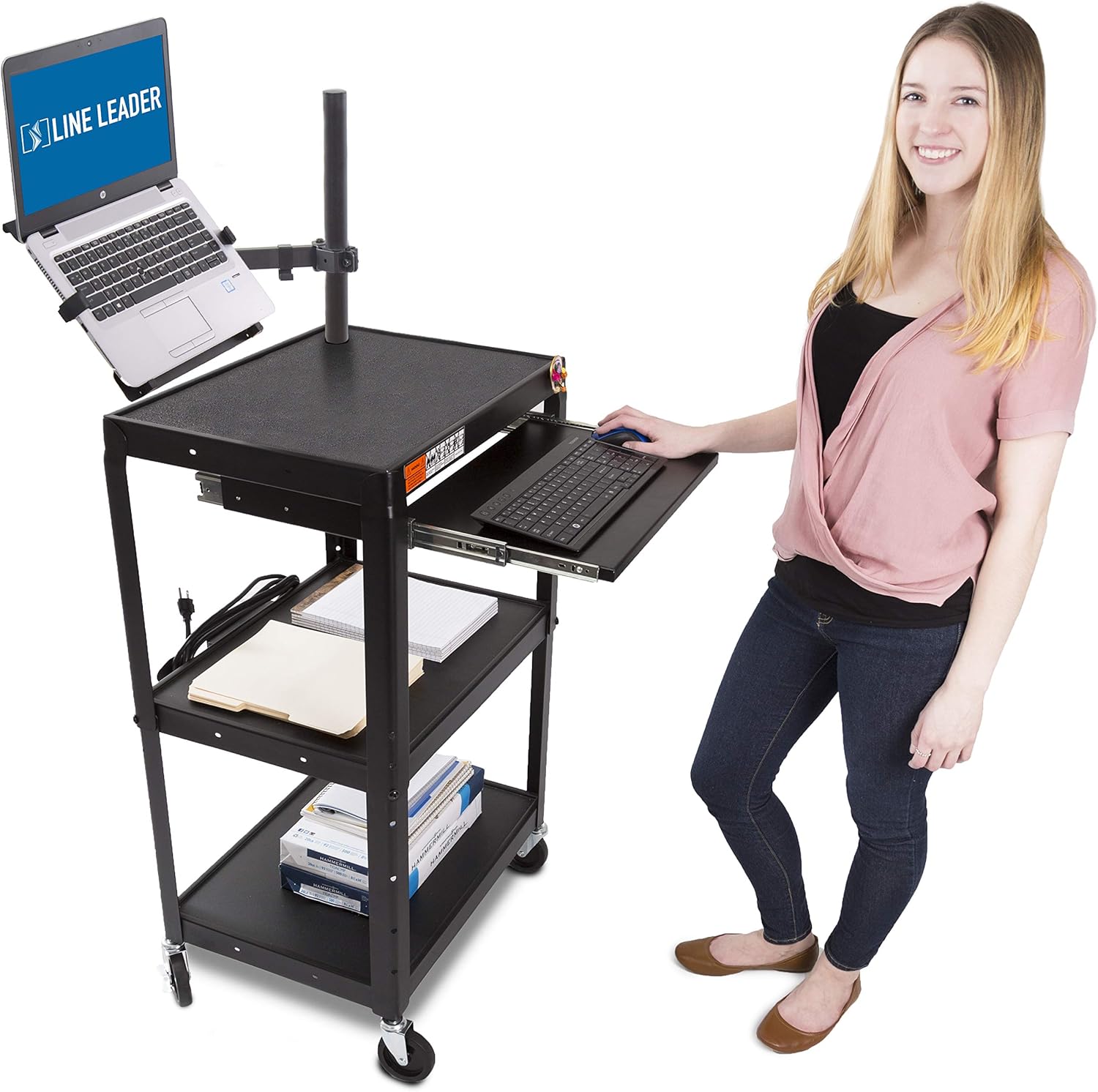 Line Leader AV Cart with Keyboard Tray and Laptop Stand - Mobile Workstation with Laptop Mount - Take Your Office On-The-Go with Our Stand Up Computer Cart (Black / 24 x 18)