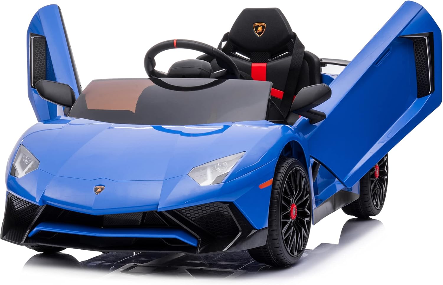 Kidzone Kids Electric Ride On 12V Licensed Lamborghini Aventador Battery Powered Sports Car Toy with 2 Speeds, Parent Control, Sound System, LED Headlights & Hydraulic Doors - Black