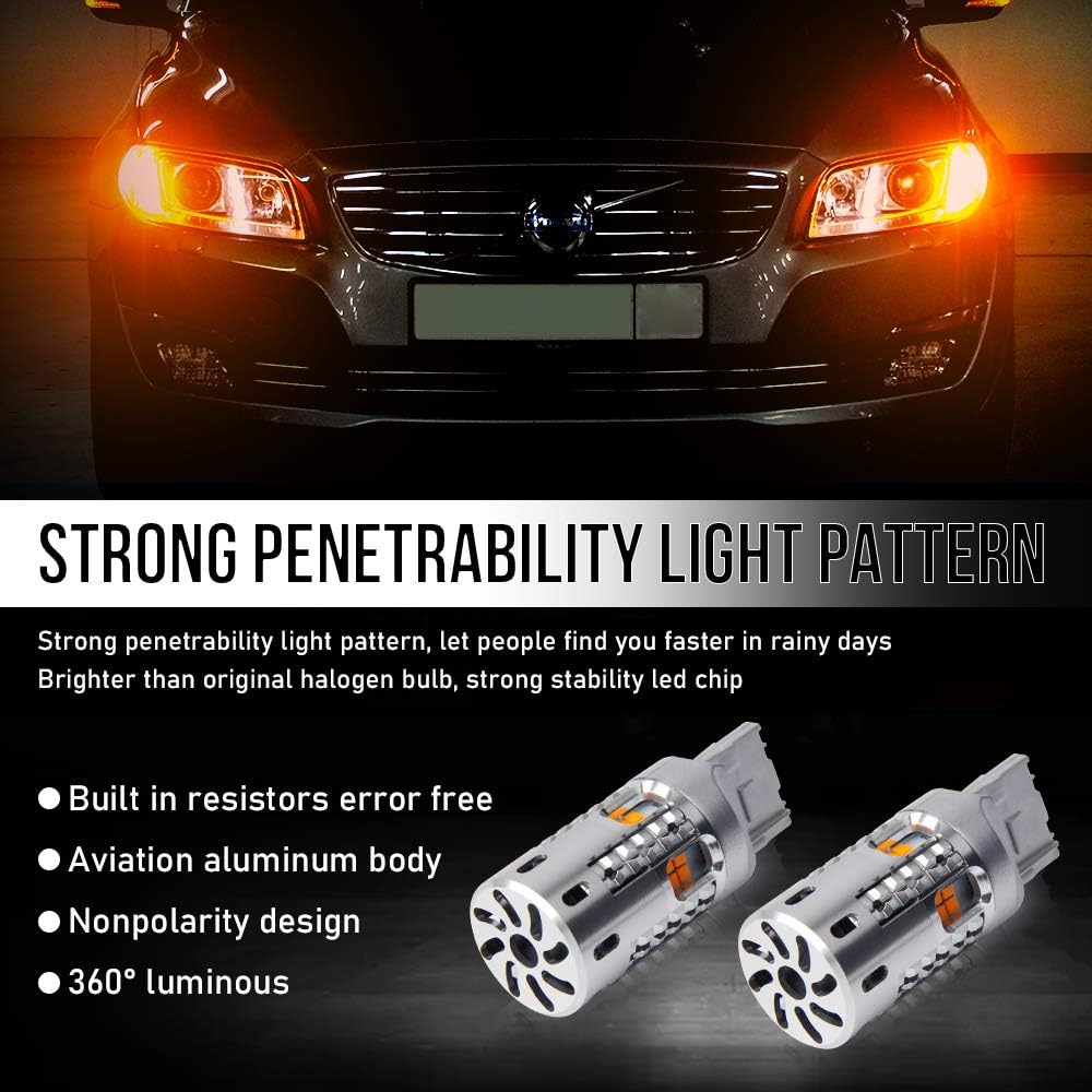 OPP ULITE 7440 Led Bulbs Amber, Error Free Canbus Built In Resistor Turn Signal Light 7444NA T20 7441 WY21W W21W 12V 360 Luminous 20 Led 2PC Pack Led Bulb (20 SMD 7440 Amber)