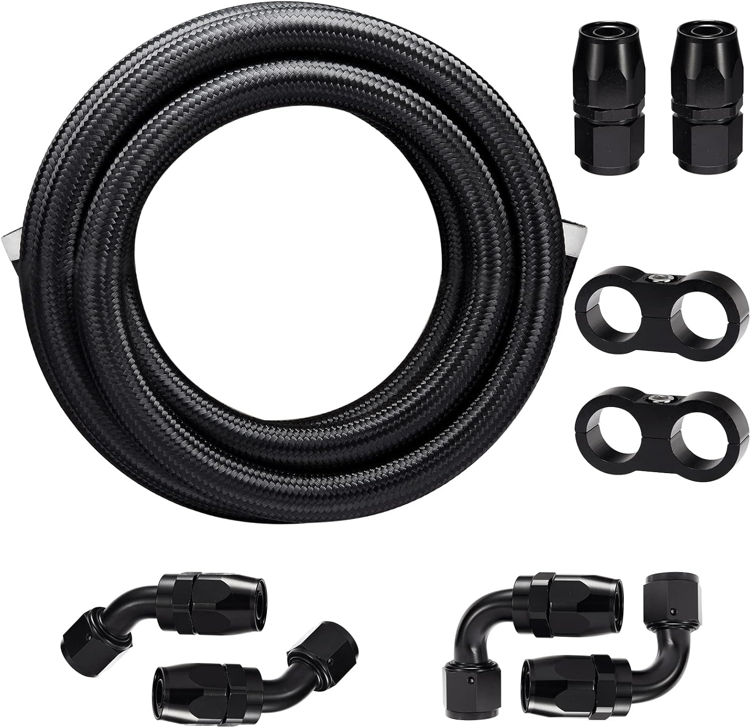 SYKRSS 8AN Fuel Line Hose Kit, Nylon CPE Stainless Steel Braided 10FT 1/2 Fuel Line with 6Pcs AN8 Fuel Hose Fitting Adapter Kit - Black(Not for E85) Pack of 2