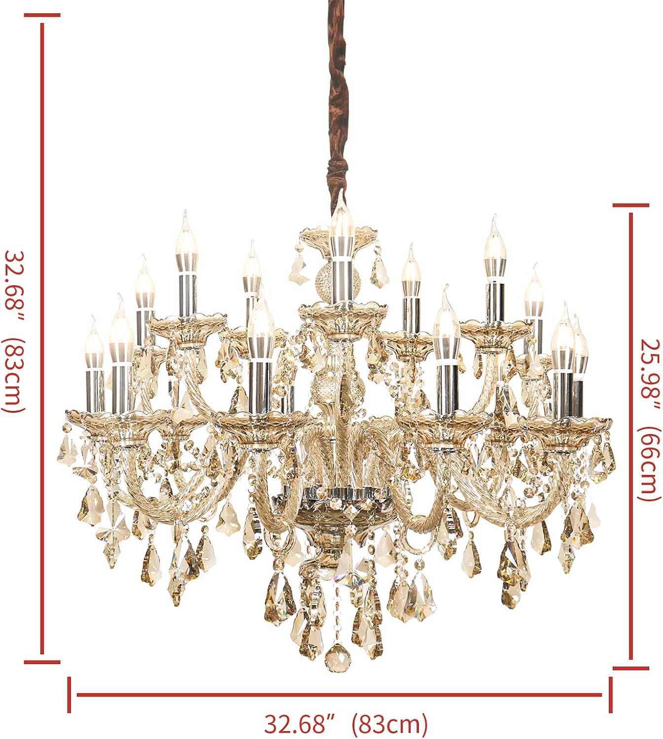 Chandelier Vintage K9 Crystal Raindrop Chandelier Ceiling Lighting Light Fixture Glass Cognac Pendant Lamp for Living Room Dining Room Bedroom Hallway Entry (15-Lights)