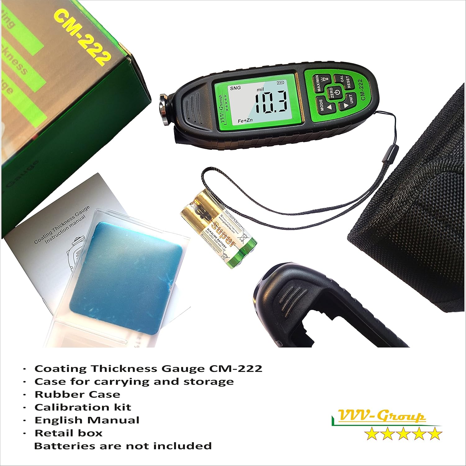 Coating Thickness Gauge CM-222 Best Digital Paint Depth Gauge Meter | Rubber Protective | Automatic F/NF | Zinc Option | UV Light Pack of 2