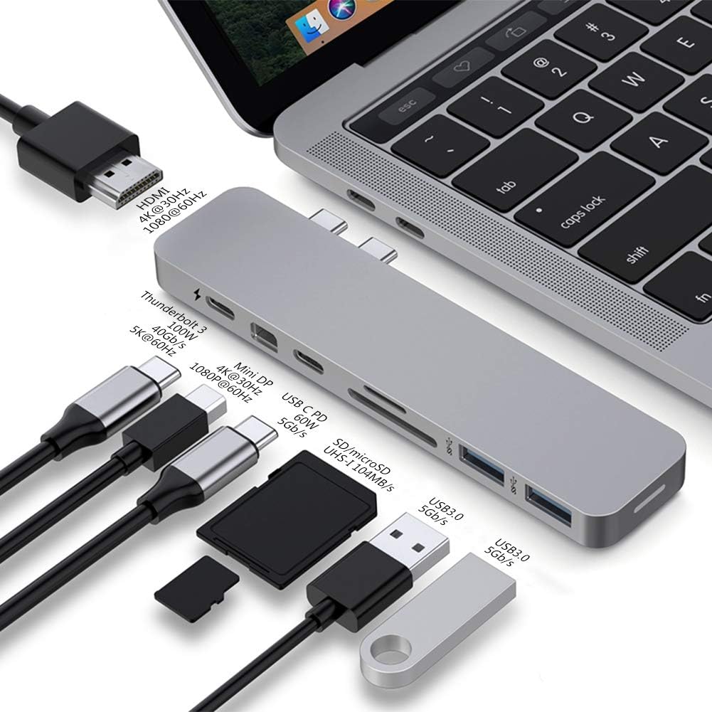 HyperDrive Mac USB C Hub Adapter, Sanho USB Type C Multi-port Hub MacBook Pro 2020 2019-2016, MacBook Air 8-in-2 Dongle w Thunderbolt 3, USB-C 100W PD, 4K HDMI, MiniDP, microSD/SD Card Reader, 2xUSB A