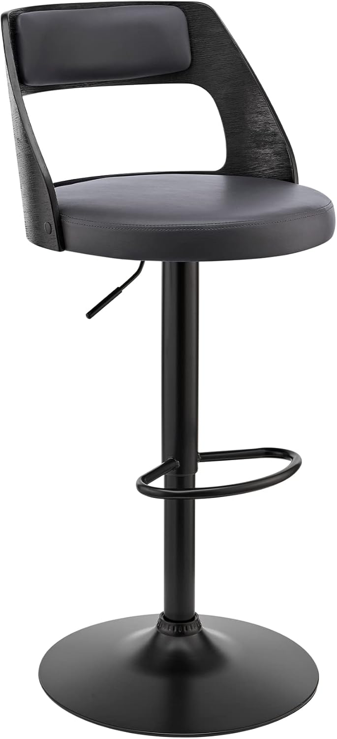 Itzan Adjustable Swivel Grey Faux Leather and Black Wood Bar Stool with Black Base