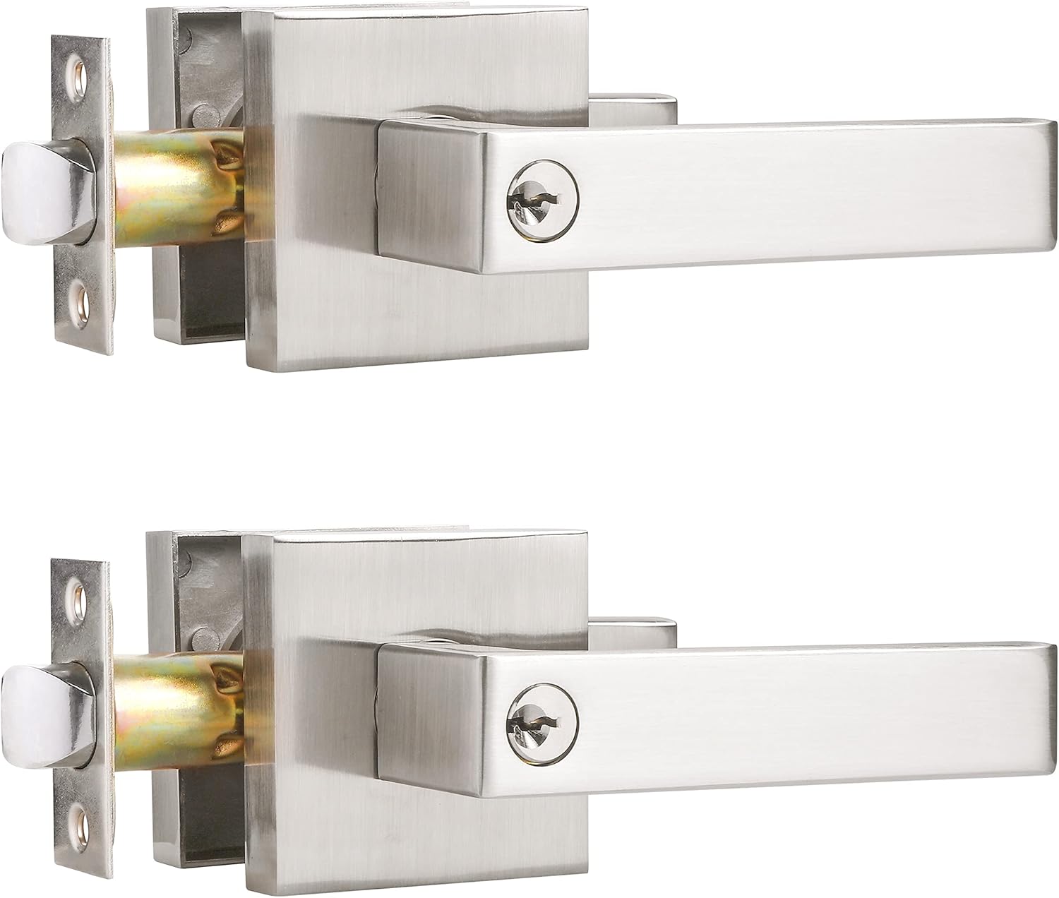 2 Pack Satin Nickel Combo Door Locksets Keyed Alike Entrance Door Levers Handles, for Right and Left Handed Doors