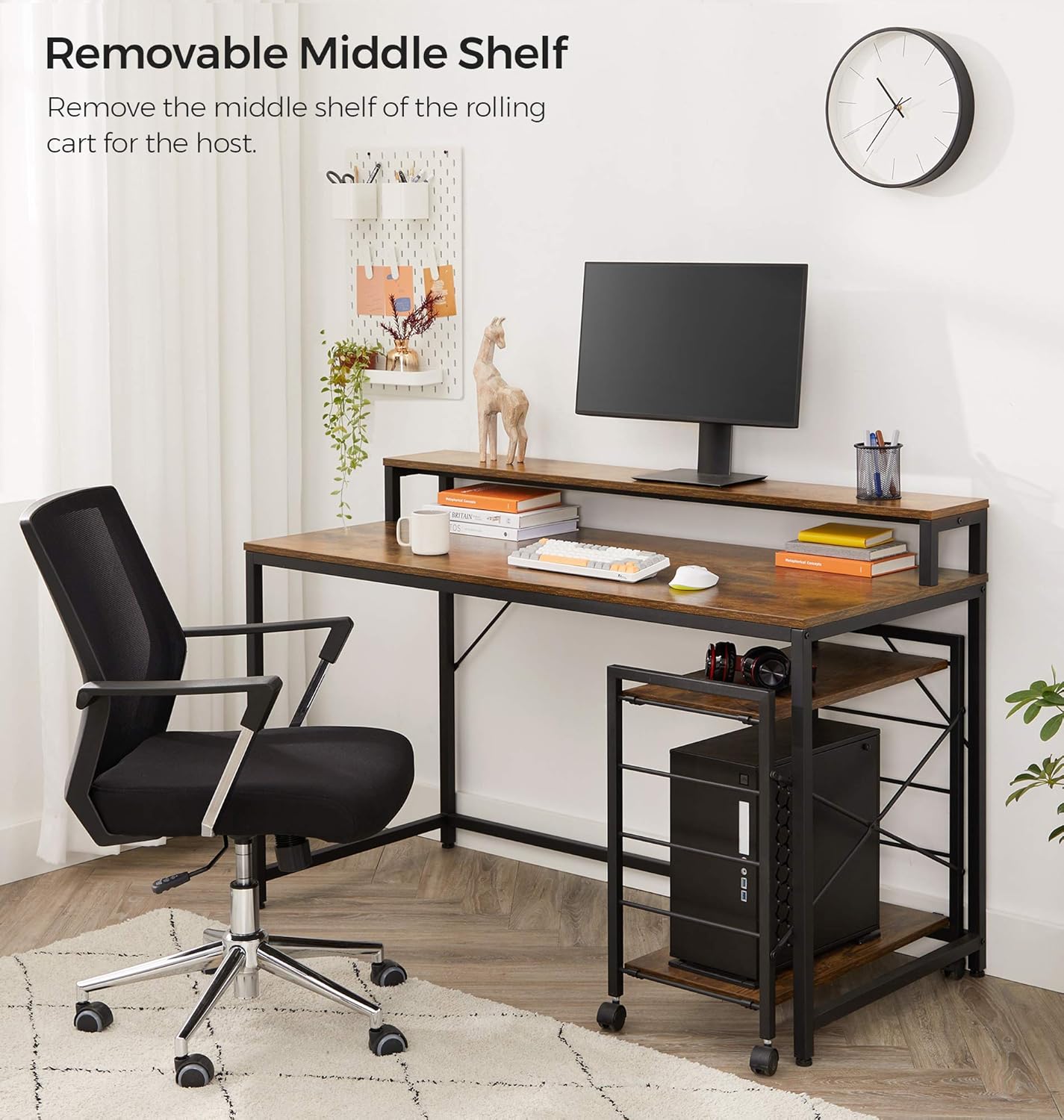 VASAGLE Computer Desk with Large Monitor Stand Rolling Cart, Writing Study Desk with Storage Shelves, Industrial, for Home Office, Rustic Brown and Black ULWD061B01