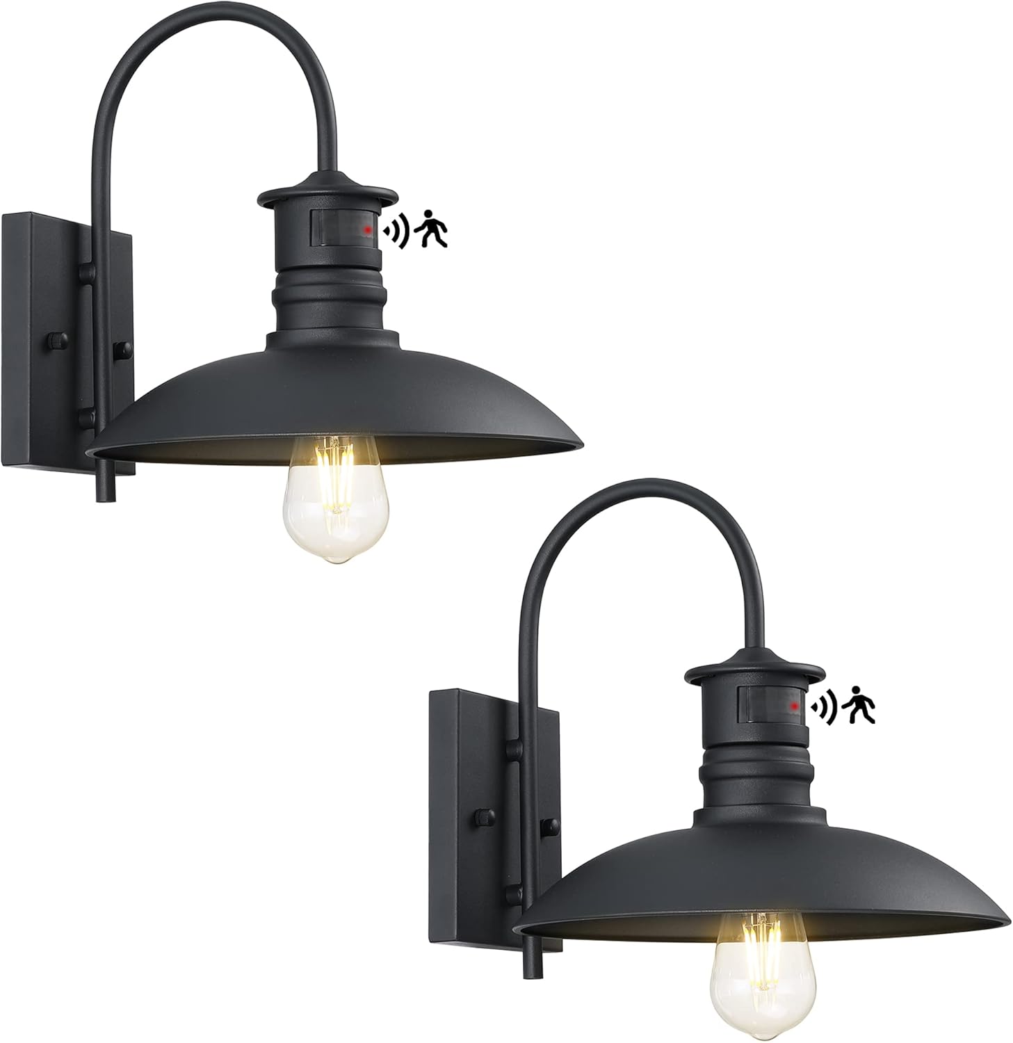 Untrammelife Dusk to Dawn Gooseneck Outdoor Barn Lights,2 Pack Farmhouse Exterior Porch Light Fixtures Waterproof Matt Black Outdoor Motion Sensor Light for Garage Doorway, Bulbs Included