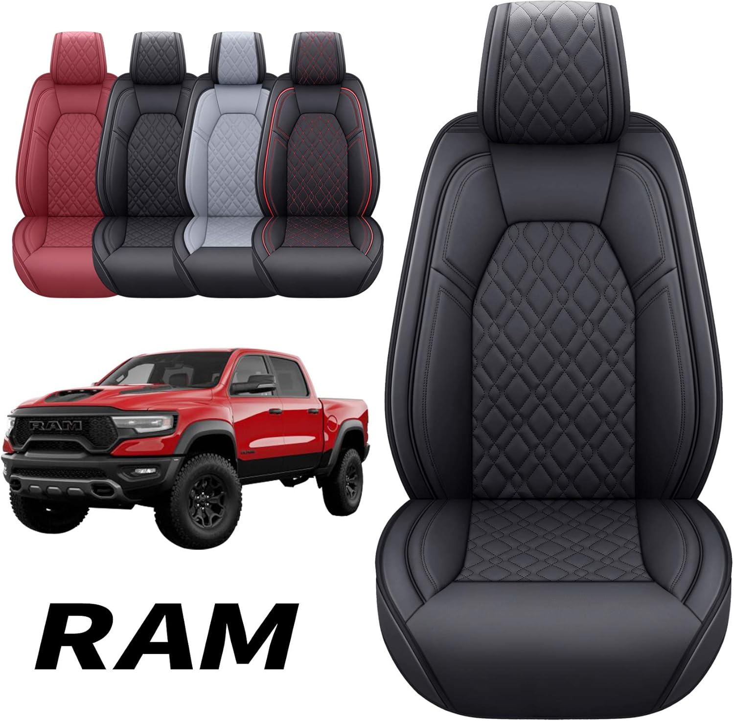 Aierxuan Dodge Ram Seat Covers Custom Fit 2009-2022 1500 2500 3500 Pickup Truck Crew Double Quad Regular cab Waterproof Leather Front Car Cushions(2 PCS Front, Black)