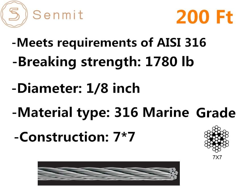 Senmit 1/8 Stainless Steel Aircraft Wire Rope for Deck Cable Railing Kit,7 x 7 200 Feet T 316 Marine Grade Pack of 2