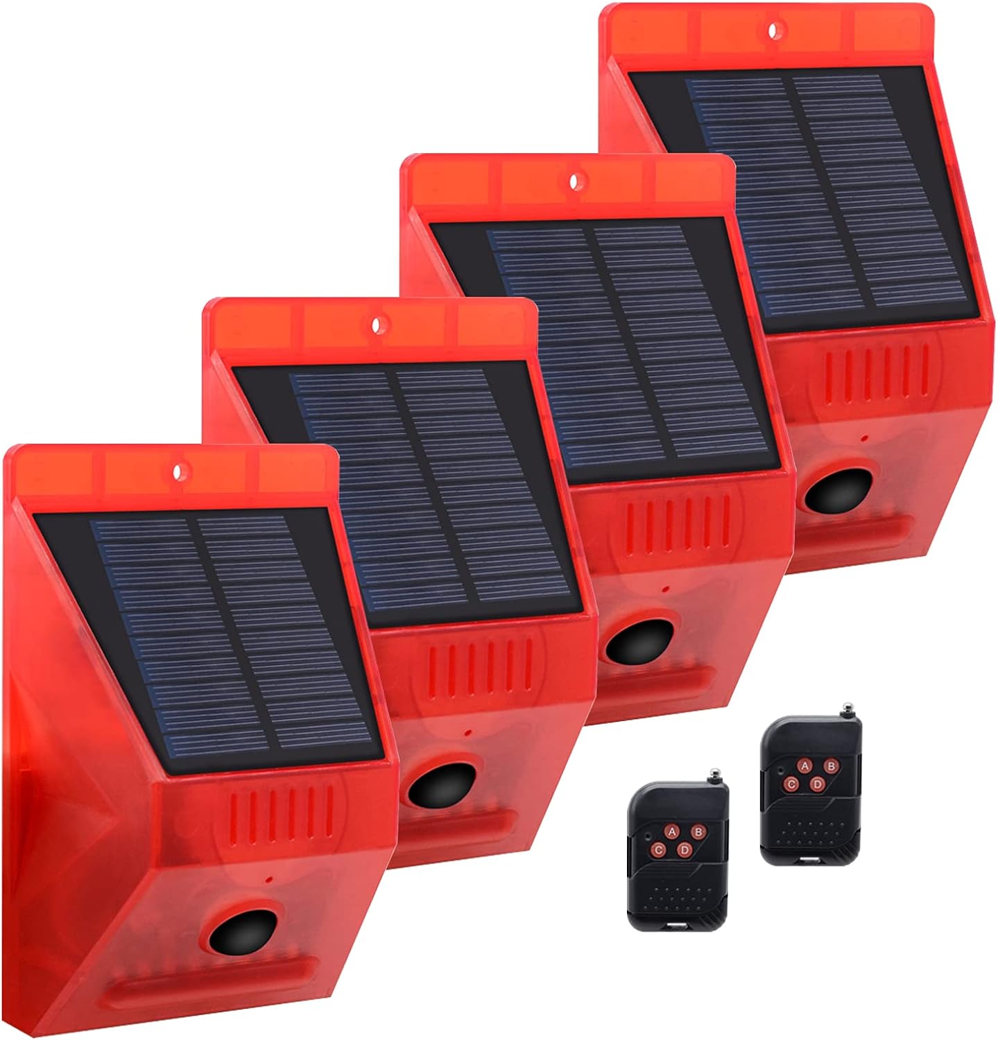 Solar Strobe Light with Remote Controller Motion Detector Outdoor Alarm Light 129db Sound Security Siren Light IP65 Waterproof Protected for Your Home,Villa,Baren,Farm,Yard,4 Pack