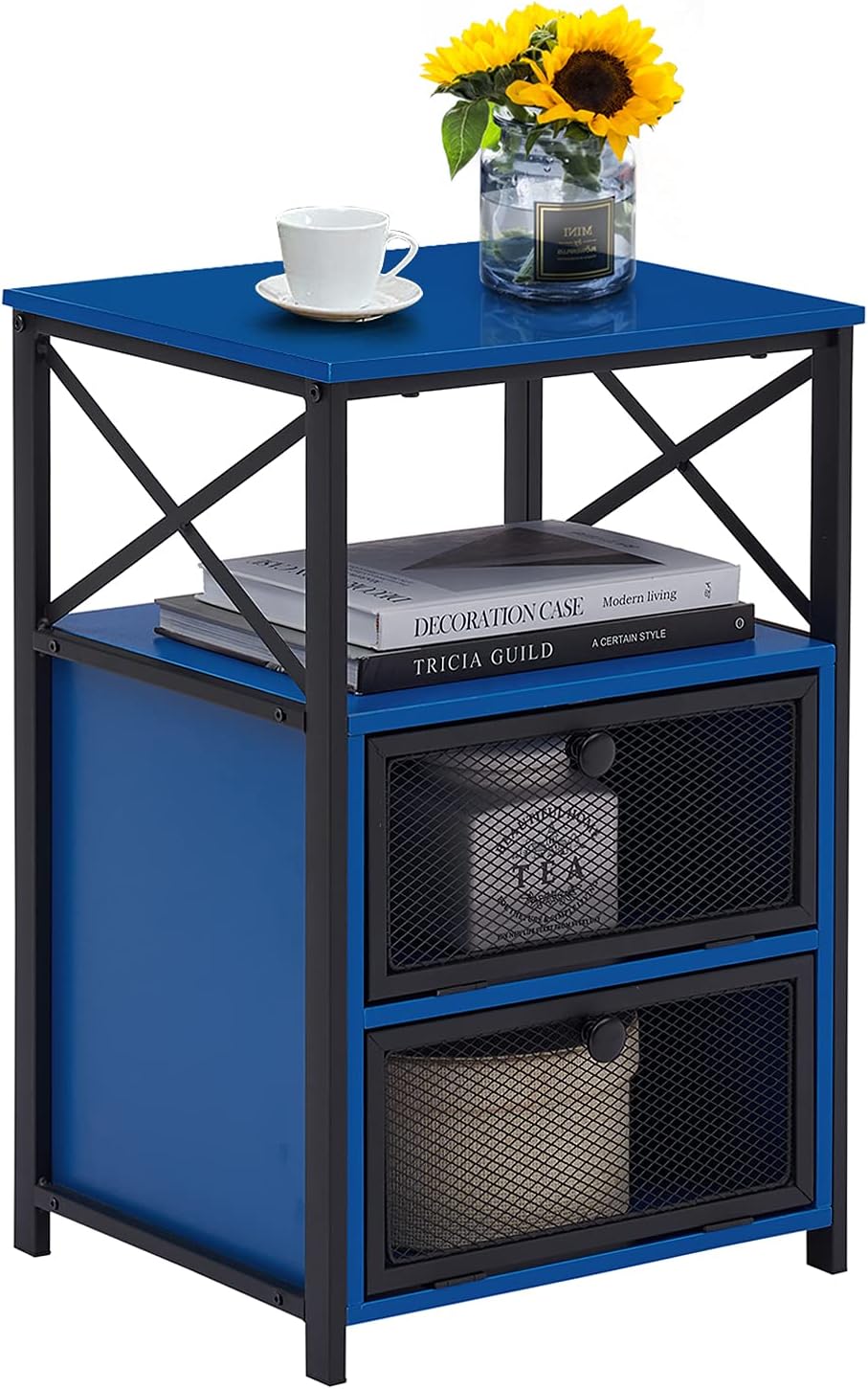 VECELO Modern X-Design Night Stand, Versatile Nightstands, End Drawer Storage Shelf Side Table, Black, 1 Set, Retro BRN