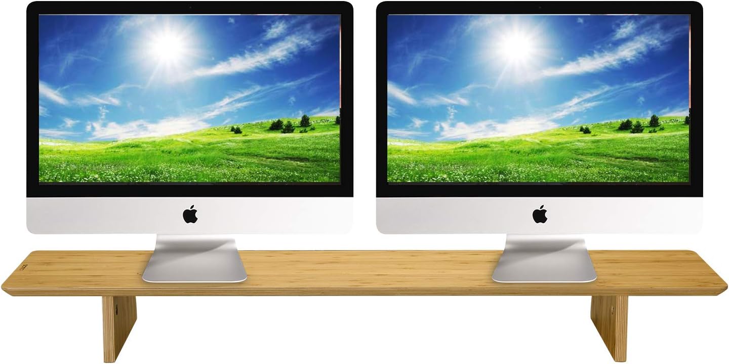 SAMDI Bamboo Wooden Dual Monitor Desktop Stand Riser, Computer Riser Bamboo Stand Riser for a Desktop Monitor, Sturdy and Stable Computer Screens Laptops or TVs Monitor Riser Stand for Desk (Bamboo) Pack of 2