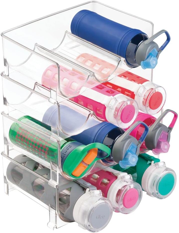 mDesign Plastic Stackable Water Bottle Holder Bin, Storage Organizer for Kitchen Countertops, Cabinets, Pantry, Fridge, Refrigerator, Freezer Organization, Each Rack Holds 3 Containers, 4 Pack - Clear