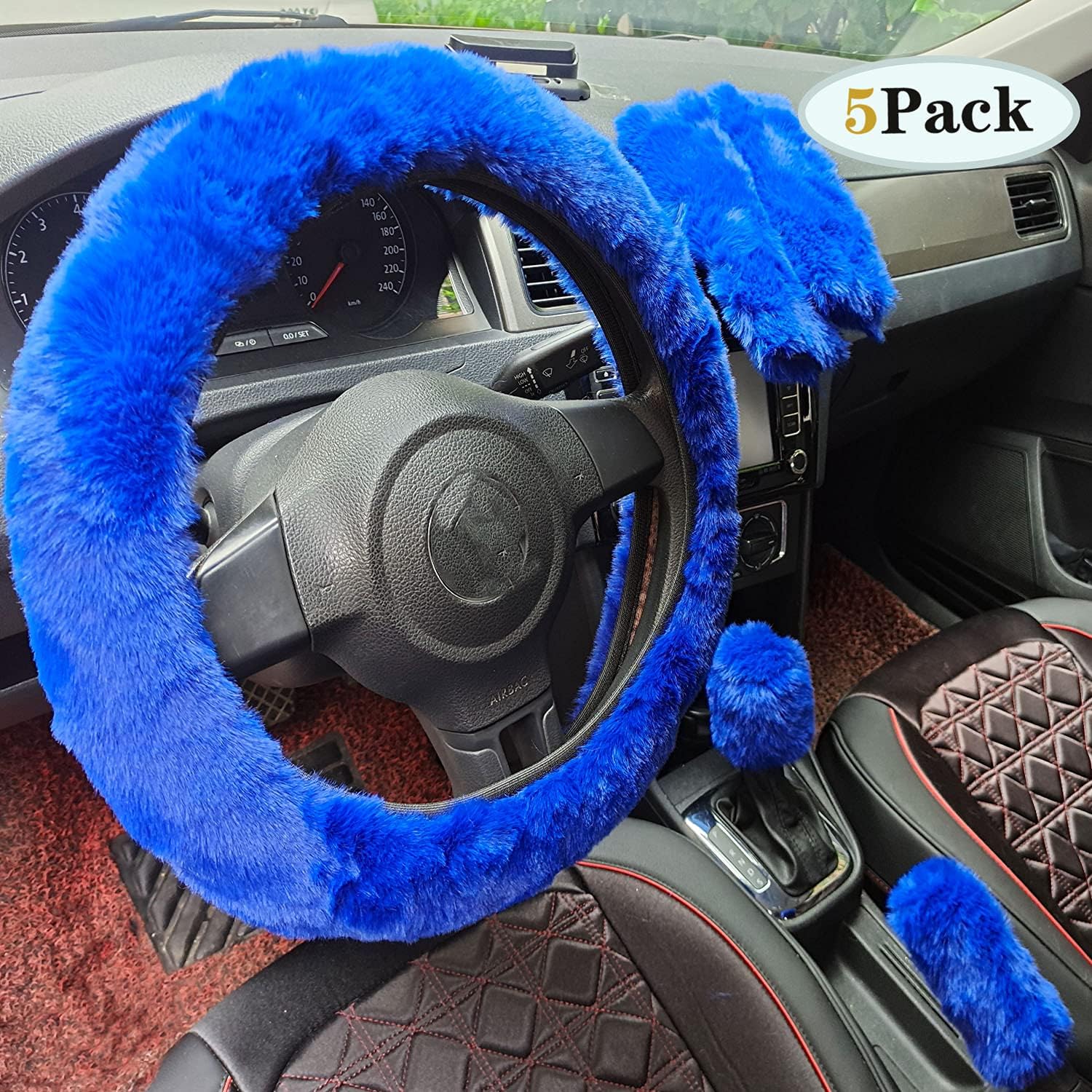 5 Pcs Faux Steering Wheel Covers Set-Fuzzy Steering Wheel Cover Accessories Decoration with Handbrake Cover,Gear Shift Cover,2pcs Seat Belt Shoulder Cover Universal 15 inch (Pink)