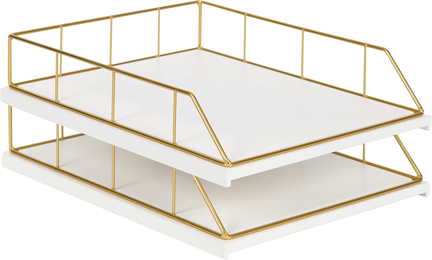 Kate and Laurel Benbrook Stacked Metal and Wood Letter Trays, White and Gold Pack of 2