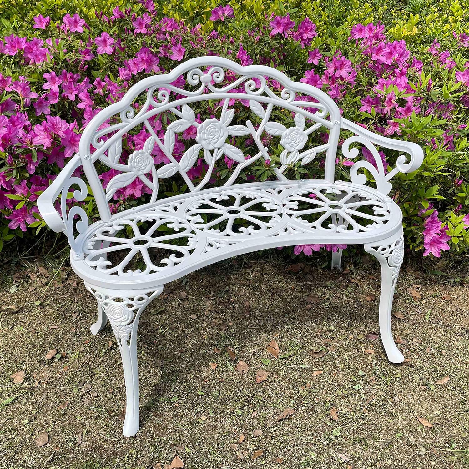 Outdoor Bench Park Garden Bench, All Chair Anti Rust Cast Aluminum Patio Yard Bench Carved Rose Loveseat Bench for Backyard, Porch, Balcony, Lawn (White)
