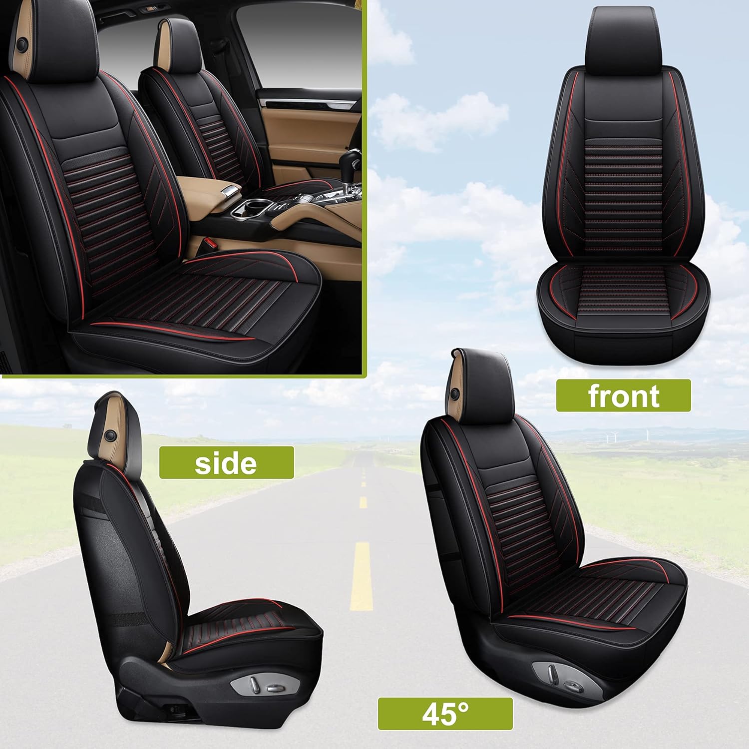 AOOG Leather Car Seat Covers, Leatherette Automotive Seat Covers for Cars SUV Pick-up Truck, Non-Slip Vehicle Car Seat Covers Universal Fit Set for Auto Interior Accessories, Front Pair, Black&&Red