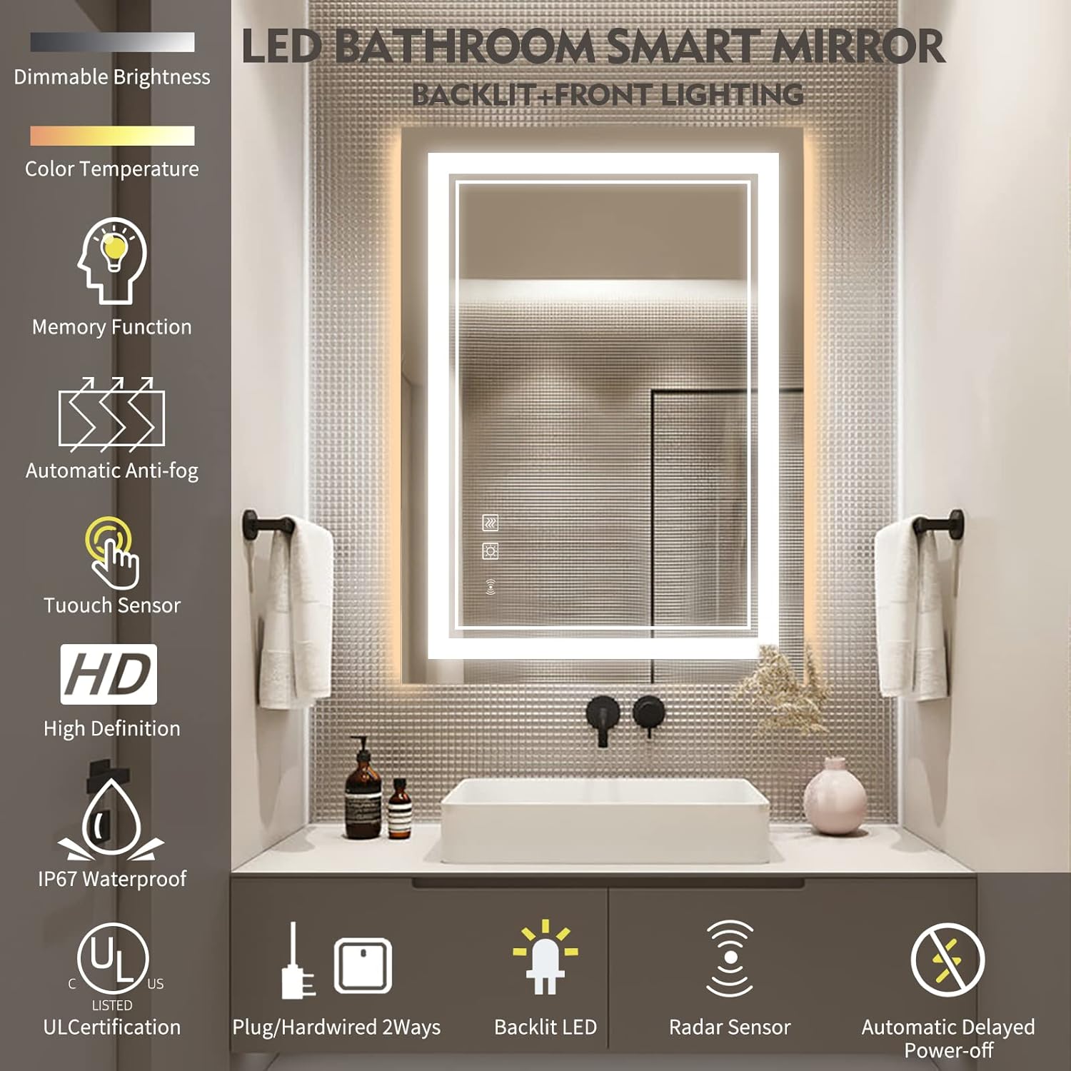 LED Bathroom Mirror with Lights, Gmhehly 32x24 Inch LED Backlit + Front Lighted Bathroom Smart Mirror for Vanity with High Lume, Anti-Fog and Dimmable Light