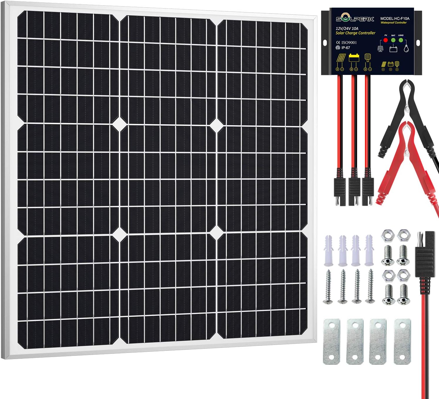SOLPERK Solar Panel Kit 50W 12V, Solar Battery Trickle Charger Maintainer + Upgrade Waterproof Controller + Adjustable Mount Bracket for Boat Car RV Motorcycle Marine Automotive