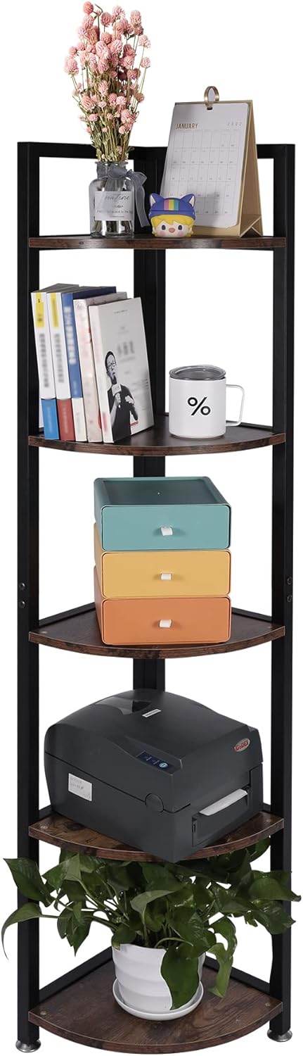 Varbucamp 5 Tier Corner Shelf, 54 inch Tall Wooden Rustic Corner Bookshelf Ladder Shelf with Metal Frame for Living Room Home Office Small Space
