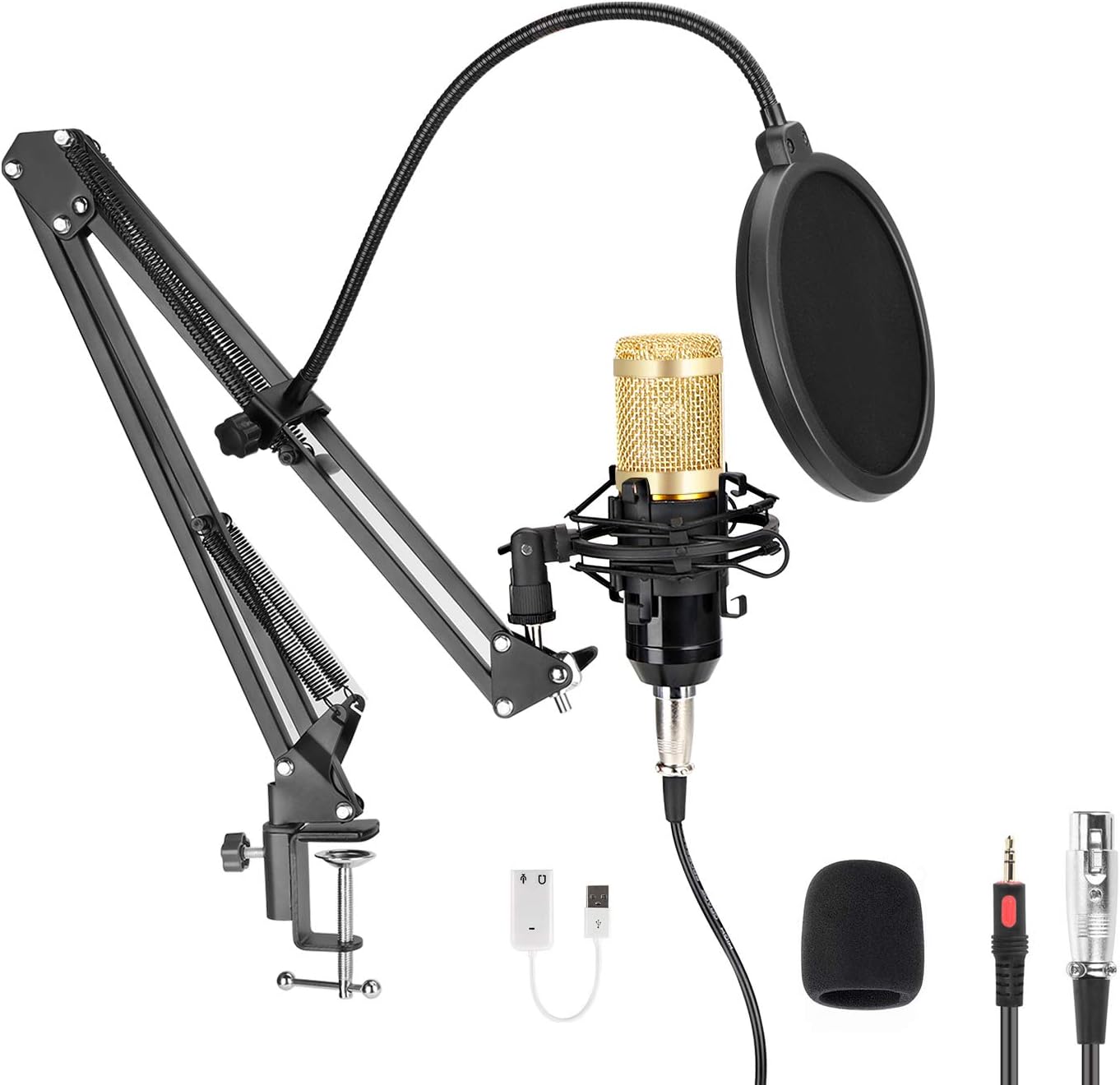 Professional Streaming Podcast PC Microphone, MAYOGA Cardioid Streaming Microphone PC Mic Kit with 3.5mm XLR Sound Card Boom Arm Shock Mount Pop Filter for YouTuber,Karaoke,Podcasting，Studio Recording Pack of 2