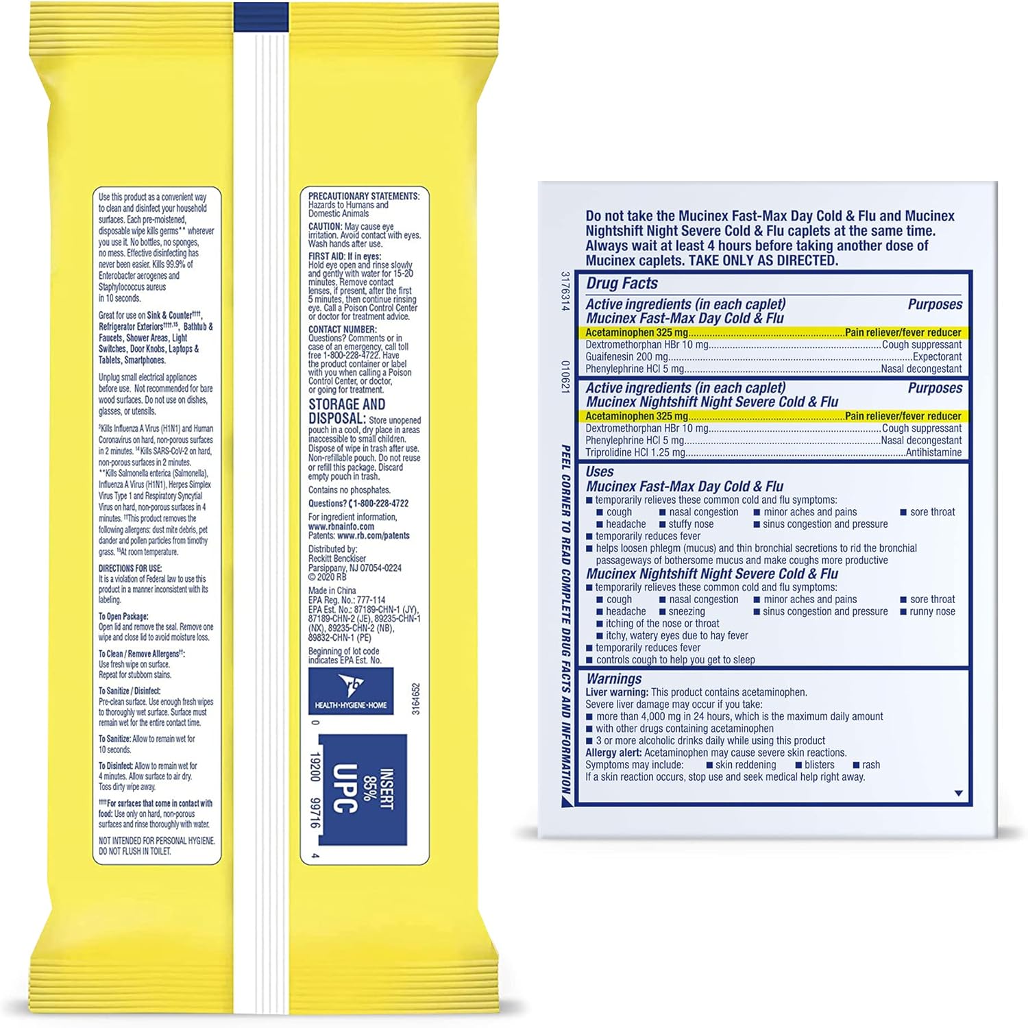 Lysol Disinfectant Multi-Surface Cleaning Wipes, Lemon and Lime Blossom, 320 Count (Pack of 4) and Mucinex Fast-Max Day Cold & Flu & Night Severe All in One, 40 caplets (24 Daytime, 16 Nighttime) Pack of 2